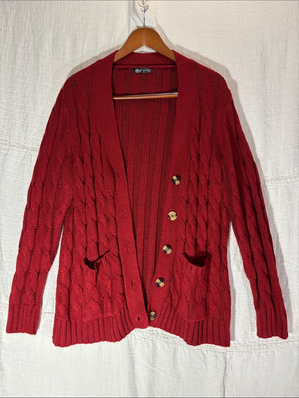 Pretty Garden Red Chunky Cable-Knit Button Cardigan Sweater Oversized XL EUC